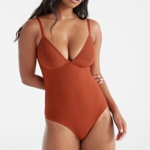 Knix x Ashley Graham Mesh Deep V Bodysuit in Ginger Cookie Women’s Size XL++